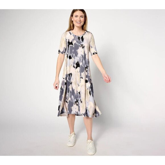 LOGO by Lori Goldstein Pet. Rayon 230 Elbow Sleeve Dress Neutral Combo,Pet Small - Picture 1 of 1